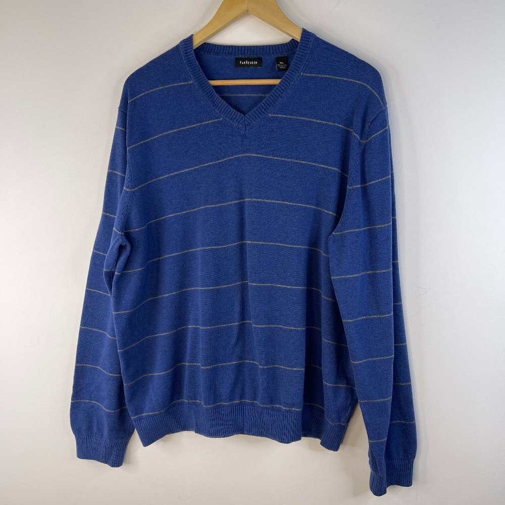 VAN HEUSEN Men Blue Striped Pullover V Neck Long Sleeve